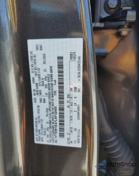 2020 Ford F150 Supercrew z USA, uszkodzony, nr VIN 1FTEW1E47LKF32005